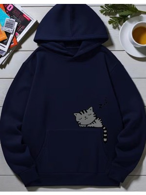 Nigrum Pardus Nıgrum Pardus Kapüşonlu Uykucu Kedi Baskılı 2 Iplik Şardonlu Kız-Erkek Çocuk Sweatshirt