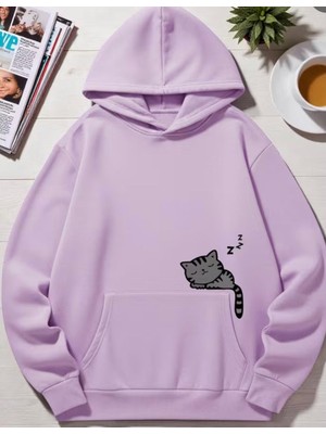 Nigrum Pardus Nıgrum Pardus Kapüşonlu Uykucu Kedi Baskılı 2 Iplik Şardonlu Kız-Erkek Çocuk Sweatshirt