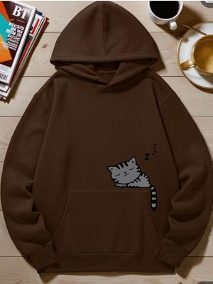 Nigrum Pardus Nıgrum Pardus Kapüşonlu Uykucu Kedi Baskılı 2 Iplik Şardonlu Kız-Erkek Çocuk Sweatshirt