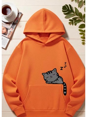 Nigrum Pardus Nıgrum Pardus Kapüşonlu Uykucu Kedi Baskılı 2 Iplik Şardonlu Kız-Erkek Çocuk Sweatshirt
