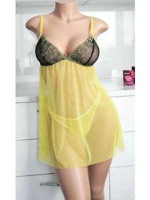 Nightlight Siyah Sarı Dantelli Nakış Işlemeli Şeffaf Babydoll Gecelik Takımı - 1080