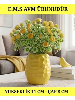 E.M.S Sarı Renk Dekoratif Vazo Saksı Petek Desenli Saksı 11 cm Yükseklik 8 cm Çap.