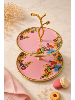 Sudedi Home 2 Katlı Pembe Desenli Gold Detaylı Sunumluk Servis Standı – Kahvaltılık, Tatlılık, Nişan & Çay Saati Sunumu