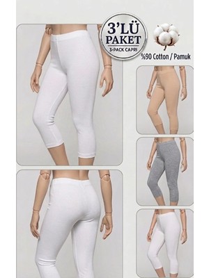 Altınay 3'lü Büyük Beden Pamuklu Kadın Tayt Yüksek Bel Kapri Rahat Esnek Toparlayıcı - Plus Size Capri Leggings - 5060