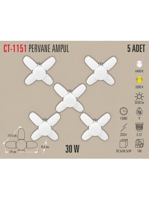 Cata LED Ampul CT-1151 Katlanabilir Pervane LED Ampul 30W 5’li Set