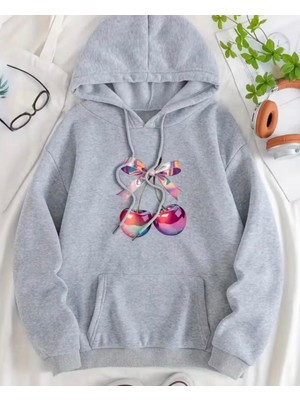 Nigrum Pardus Nıgrum Pardus Kapüşonlu Renkli Kiraz Baskılı 2 Iplik Şardonlu Kız Çocuk Sweatshirt