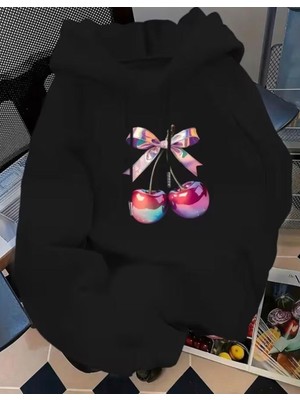 Nigrum Pardus Nıgrum Pardus Kapüşonlu Renkli Kiraz Baskılı 2 Iplik Şardonlu Kız Çocuk Sweatshirt