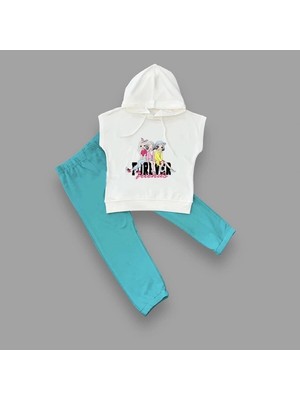 Colezium 3-4-5 Yaş Forever Cici Kızlar Baskılı Kapşonlu 2li Kız Çuk Takımı Turkuaz
