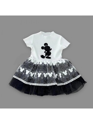 Colezium 1-2-3 Yaş Payetli Mickey Baskılı Brode Etekli Kız Bebek Elbisesi Siyah