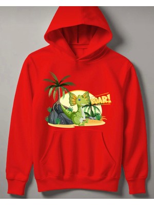 Nigrum Pardus Nıgrum Pardus Kapüşonlu Yeşil Dinazor Baskılı 2 Iplik Şardonlu Erkek Çocuk Sweatshirt