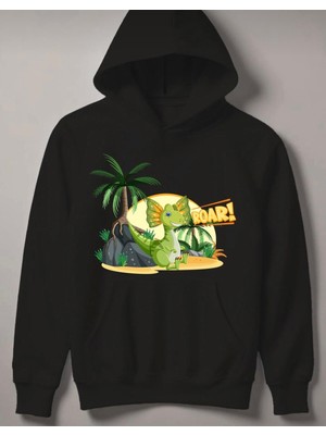 Nigrum Pardus Nıgrum Pardus Kapüşonlu Yeşil Dinazor Baskılı 2 Iplik Şardonlu Erkek Çocuk Sweatshirt