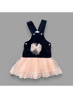 Colezium 2-3-4 Yaş Fiyonklu Düğme Detaylı Tül Etek Kot Kumaş Spet Kız Çuk Elbisesi Lacivert-Pudra