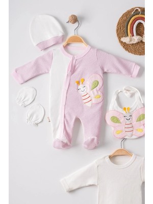 Colezium Kelebek Nakışlı Puanlı Tulumlu % 100 Pamuk Kız Bebek 5'li Set