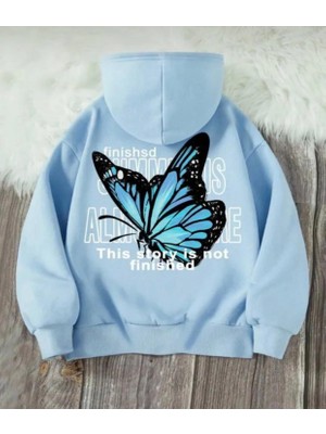 Nigrum Pardus Nıgrum Pardus Kapüşonlu Mavi Kelebek Sırt Baskılı 2 Iplik Şardonlu Kız Çocuk Sweatshirt
