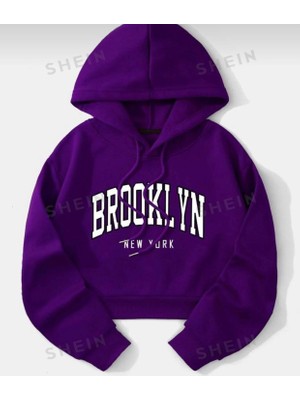 Nigrum Pardus Nıgrum Pardus Kapüşonlu Brooklyn Baskılı 2 Iplik Şardonlu Kız Çocuk Mor Sweatshirt