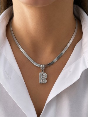 Fm 💎 Premium Gümüş Renk Şık ve Parlak Taşlı 316L Çelik Silver R Harf Kolye (45CM)
