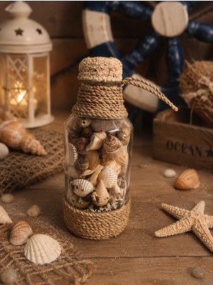 WoodBay Deniz Kabuklu Dilek Şişesi Cam Şişe Dekoratif Deniz Kumlu Masa Süsü-Duvar Süsü 12.5x5 cm