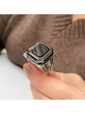 Simurg Jewellery Gümüş Oniks Taşlı Kare Erkek Yüzük