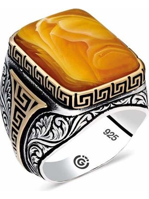 Pazarcan ​gümüş Desenli Sıkma Kehribar Taşlı Kare Erkek Yüzük