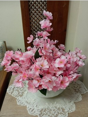 Cennet Home Pembe Bahardalı Aranjmanı Beyaz Mika Aranjman Saksıda Masaüstü Dekoratif Yapay Çiçek