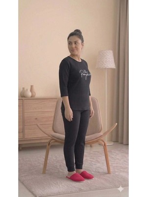 LXL Kadın Büyük Beden Fitilli Rahat Pijama Takımı Ev Giyim