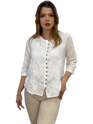 Etki Moda %100 Organik Pamuk Kadın Önü Nakışlı Düğme Detaylı Otantik Bluz