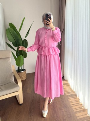 RFK Butik Kadın Melinda Begonya Kumaş Etekli Ikili Takım - Pembe