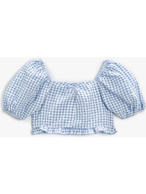 Koton Crop Bluz Kareli Kısa Balon Kollu