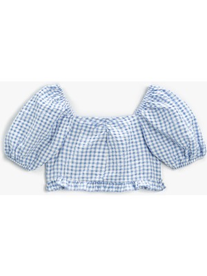 Koton Crop Bluz Kareli Kısa Balon Kollu