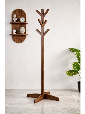 Kumsal Concept Masif Çam Ahşap Ayaklı Askılık – Ceviz Renk, 180 cm Ekstra Boy, 8 Kollu Portmanto, Devrilmez X-Ayak