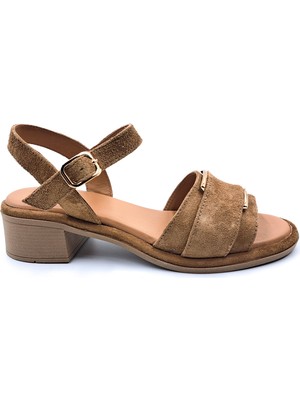 R1411 Hakiki Süet Deri Alçak Topuklu Kadın Camel Bej Süet Sandalet Ayakkabı