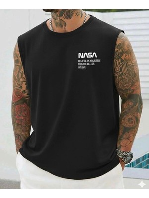 Nigrum Pardus Nıgrum Pardus Yeni Sezon Nasa Baskılı %100 Pamuk Büyük Beden Kolsuz Erkek T-Shirt
