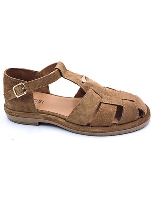 Rachel Milano R40208 Hakiki Süet Deri Burnu Kapalı Camel Renk Kadın Sandalet Ayakkabı
