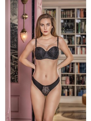 Marsilyan™- Simli Straplez Lotus Sütyen ve Slip Külot Takım Siyah (MGP31541)