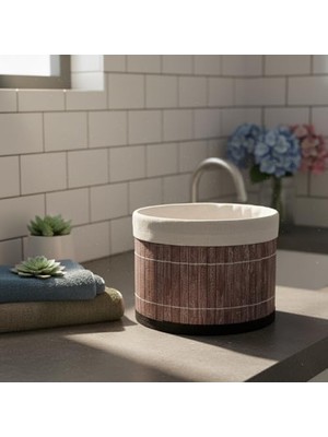 Yuvarlak Bambu Düzenleyici ve Saklama Sepeti – Çok Amaçlı Banyo, Makyaj ve Ofis Organizeri, Kumaş Astarlı Dekoratif Silindir Kutu (18X13 Cm, Gri)