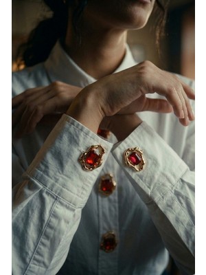 Reoona Yakut Kırmızısı Taşlı Asimetrik Kesim Metal Rosegold Elegant Düğme Broş, Düğme Klipsi