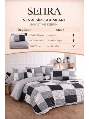 Lüks%80 Pamuklu Çift Kişilik Nevresim Takımı Seti Yorgan Kılıfı Siyah Gri Beyaz Kareli Desen 200X220 cm + Lastikli Battal Boy Çarşaf 180X200X30 cm +2 Yastık Kılıflı 50X70 cm