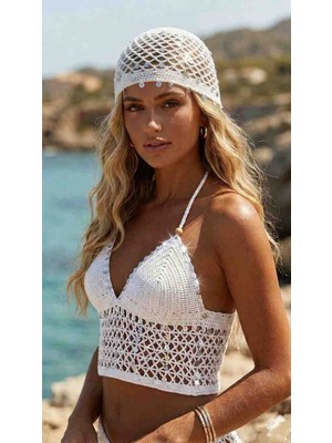 Kadın Beyaz El Örgüsü Pul Payetli Büstiyer ve Şapka Takım - Festival Beach Crop Set