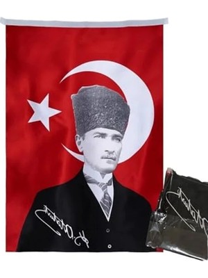 Die Grup Türk Bayrağı Kalpaklı Atatürk Fotoğraflı, 70X105 cm Boyutunda
