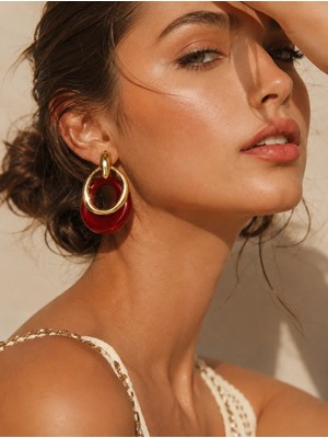 Solare Accessories Bordo Reçine Taş Detaylı Altın Kaplama Sallantılı Vintage Küpe (Hipoalerjik)