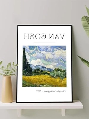 Die Grup Çerçeveli Van Gogh Selvi Ağaçlı Buğday Tarlası Tablo, Sanatsal Dekor