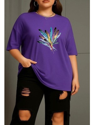 Nigrum Pardus Nıgrum Pardus Colorful Feathers Baskılı %100 Pamuk Büyük Beden Oversize Kadın T-Shirt