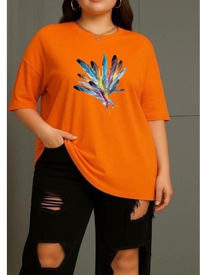 Nigrum Pardus Nıgrum Pardus Colorful Feathers Baskılı %100 Pamuk Büyük Beden Oversize Kadın T-Shirt