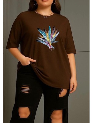 Nigrum Pardus Nıgrum Pardus Colorful Feathers Baskılı %100 Pamuk Büyük Beden Oversize Kadın T-Shirt