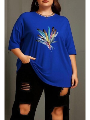 Nigrum Pardus Nıgrum Pardus Colorful Feathers Baskılı %100 Pamuk Büyük Beden Oversize Kadın T-Shirt