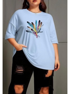 Nigrum Pardus Nıgrum Pardus Colorful Feathers Baskılı %100 Pamuk Büyük Beden Oversize Kadın T-Shirt