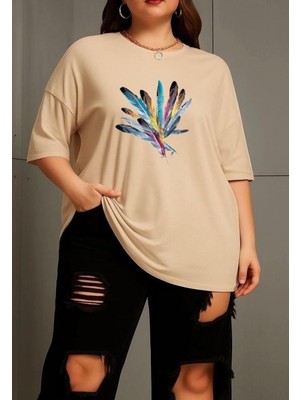 Nigrum Pardus Nıgrum Pardus Colorful Feathers Baskılı %100 Pamuk Büyük Beden Oversize Kadın T-Shirt