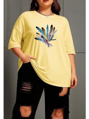 Nigrum Pardus Nıgrum Pardus Colorful Feathers Baskılı %100 Pamuk Büyük Beden Oversize Kadın T-Shirt