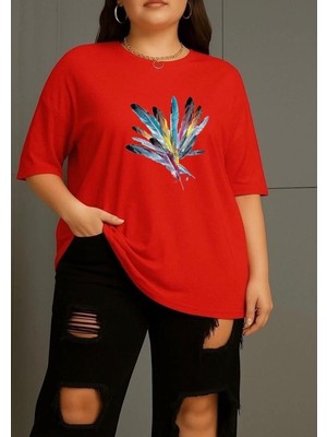 Nigrum Pardus Nıgrum Pardus Colorful Feathers Baskılı %100 Pamuk Büyük Beden Oversize Kadın T-Shirt