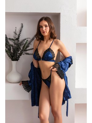 Marsilyan™- Kapsız Üçgen Dantel Detaylı Sütyen String Takım Lacivert (MGP32112)